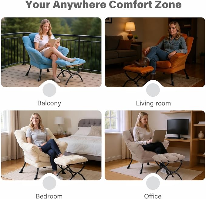 Tiita Lazy Chair with Ottoman, Modern Large Accent Lounge Armchair, Comfy Leisure Sofa Reading Chair with Footrest for Bedroom, Living Room, Dorm Rooms, Garden and Courtyard, Plush Purple