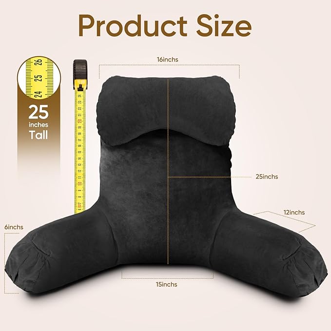 OAISZ Reading Pillow for Sitting in Bed Adult, Reading Pillow with Shredded Memory Foam (Black, Extra Large 25" H)