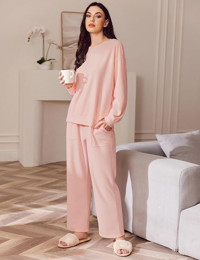 Ekouaer Womens Tracksuits 2 Piece Long Sleeve Outfits Micro Fleece Sweatsuit Sets Wide Leg Sweatpants