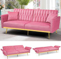 ACMEASE 70” Velvet Futon Sofa Bed with 2 Pillows and Adjustable Armrests, Convertible Sleeper Bed, Modern Loveseat for Living Room, Bedroom, Pink