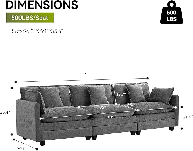 UMBFUN 3-Seater Cloud Couch, Oversized Modular Sectional Sofa with Deep Seat Soft Cushions, Comfy Chenille Couch for Living Room, Apartment & Family Space, Grey