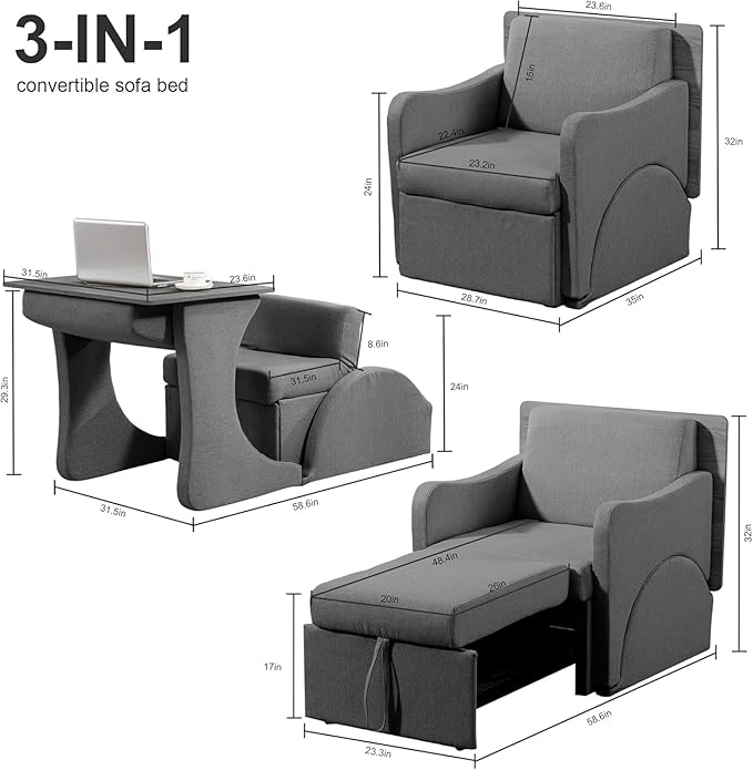 Reading Chair, Chaise Lounge Chair Indoor, 3 in 1 Multiple Convertible Pull Out Lounge Couch, Fabric Reading Chairs, Single Sleeper Sofa with Adjustable Backrest for Dorm, Bedroom, College, Grey