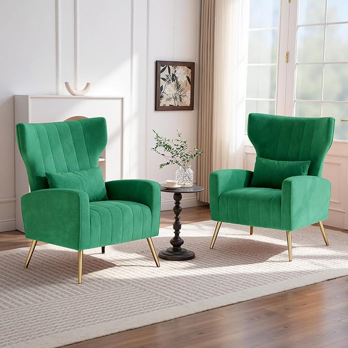 Nalupatio Modern Accent Chairs for Set of 4 Upholstered Velvet Fabric Reading Chair Mid Century Arm Chair Comfy Armchair for Living Room,Green