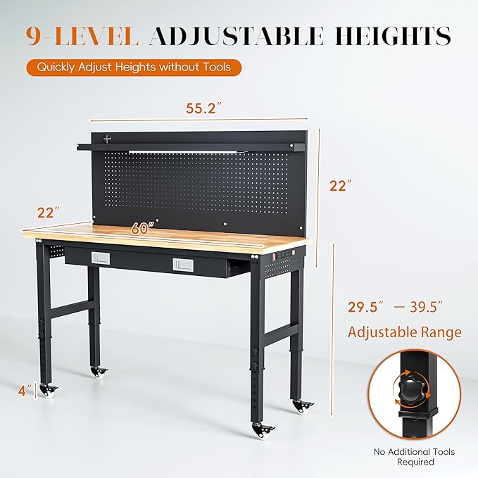 Betterhood 60" Heavy Duty Adjustable Workbench with Large Pegboard & LED Light, Adjustable Work Table with Power Outlets & Lockable Wheels, Rubber Wood Workstation for Garage, Workshop, Office, Home