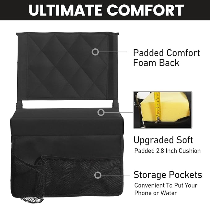 Sheenive Stadium Seats for Bleachers with Back Support, Bleacher Seats with Backs and Cushion Wide, Padded Portable Folding Comfort Stadium Chair with Shoulder Strap, Perfect for Sports Events