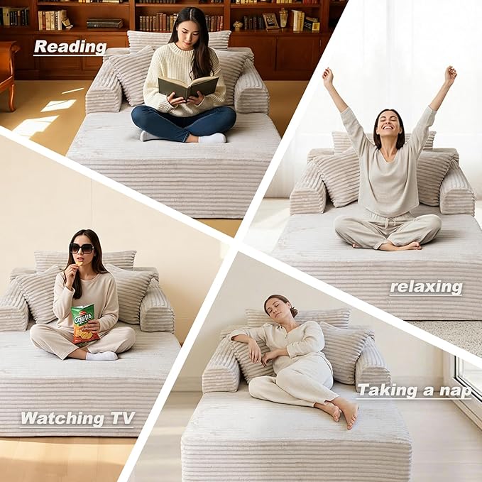 Oversized Chaise Lounge Chair Indoor, Upholstered Single 61'' Round Arm Boneless Cloud Sofa Bed Sleeper Couch, No Assembly Faux Rabbit Fur Memory Foam Reading Chair for Living Room Bedroom Beige