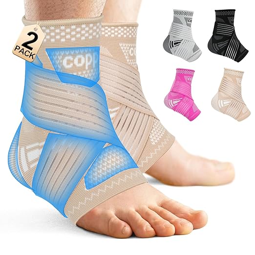 DRNAIETY 2 Pack Copper Ankle Brace for Men & Women - Adjustable Ankle Support Compression Sleeve, for Plantar Fasciitis, Achilles Tendonitis, Foot Pain, Swelling - Everyday Use(Skin Tone,XL)