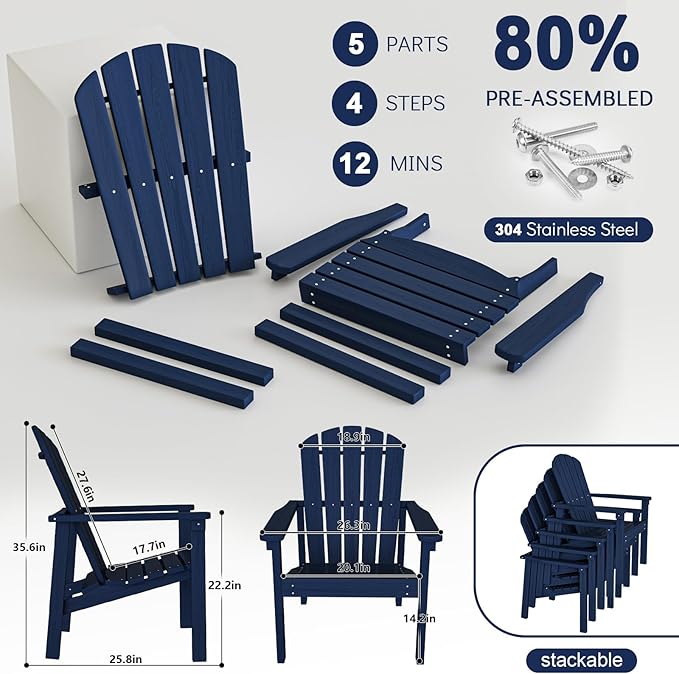 nevilywood Compact Stackable Adirondack Chairs Set of 2, 26.3" Wide HDPE Outdoor Patio Chairs - Durable, Space-Saving Design for Porch, Lawn or Garden, Navy