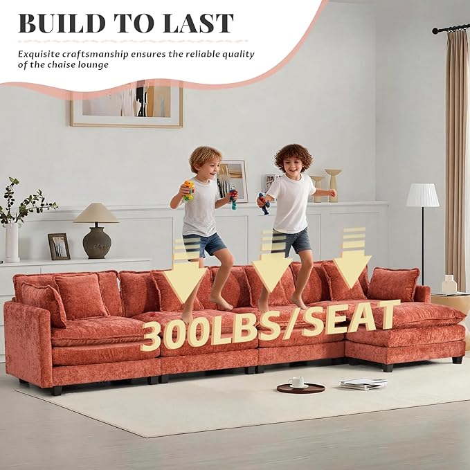 SoarFlash 149.61" Chenille Sectional Sofa, Comfy L Shaped Modular Coush Sofa with Ottoman, Modern 4 Seat Couch Deep Seat Sofa Set for Living Room,Orange