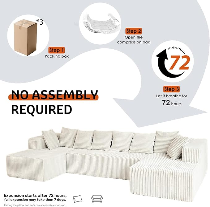 130" Boneless Couch, Cloud Couch Sectional, Corduroy Sofa for Living Room, U Shaped Modular Sofa with Chaise, No Assembly, 4 Seats Oversized (White)