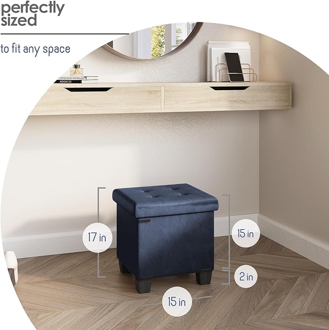 Storage Ottoman Cube with Small Bin, 16-in Square Ottoman with Storage for Living Room and Bedroom, Small Ottomans Foot Rest, Faux Leather Foot Stools Ottomans Max 330lbs, Blue