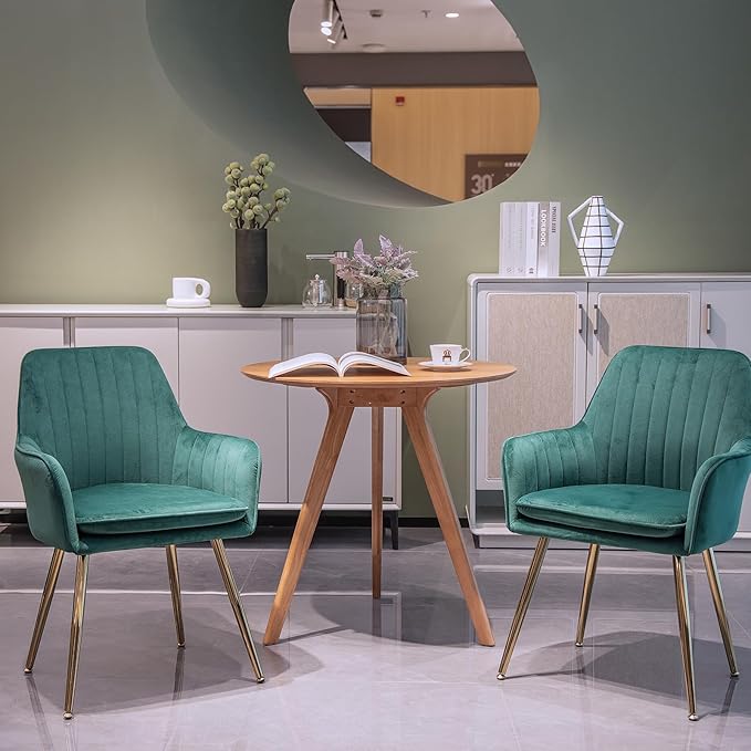 Purgreen Velvet Dining Chair Set of 2 - Modern Mid-Back Accent Chair with Gold Plating Legs - Upholstered Living Room Chair (Velvet Green, Set of 2)