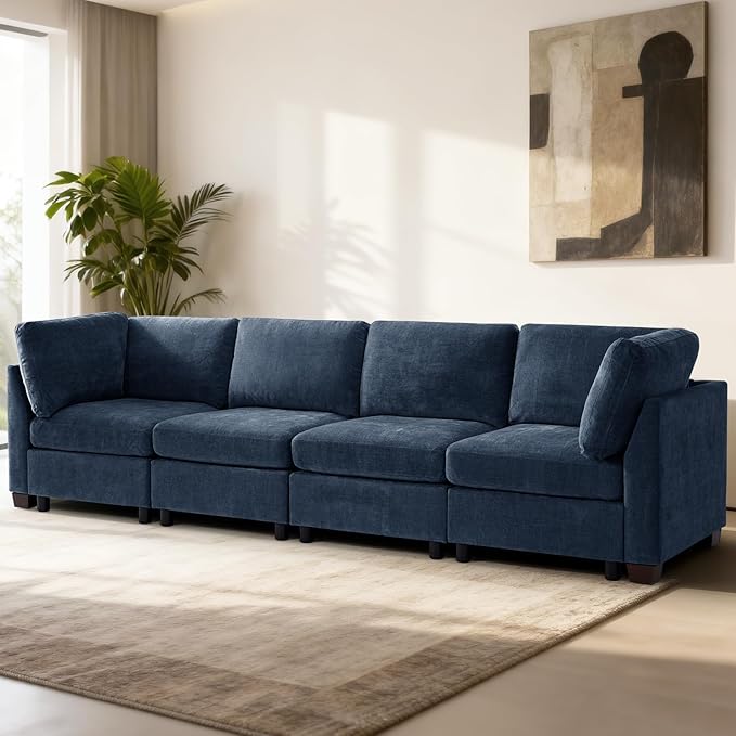 EDILLY 122 inches Oversized Modular Sectional Fabric Cloud Sofa Set, Extra Large L Shaped Couch Reversible Chaise Couch,4 Seat Modular Sofa,Blue