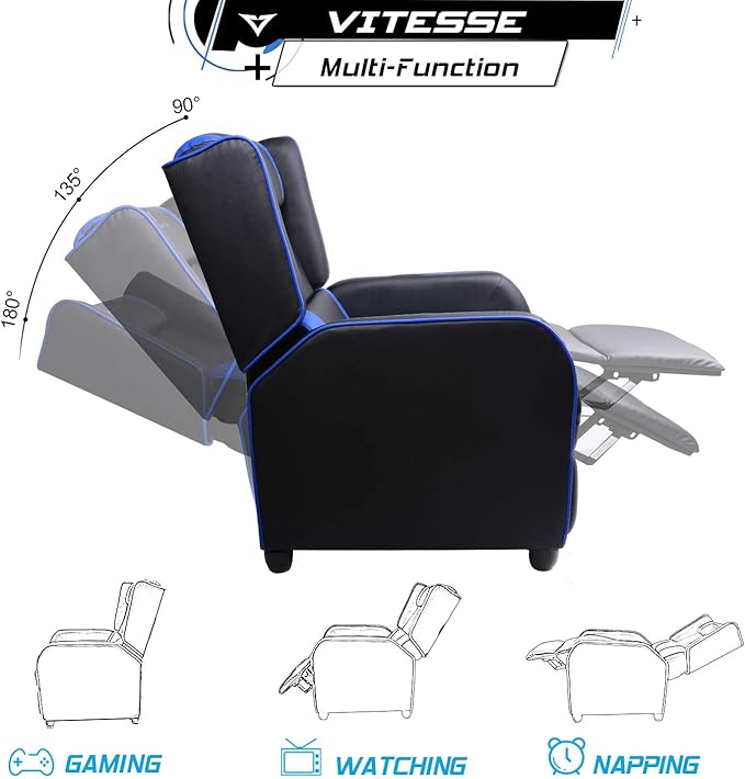 VITESSE VIT Gaming Recliner Chair Racing Style Single PU Leather Sofa Modern Living Room Recliners Ergonomic Comfortable Home Theater Seating, Blue.
