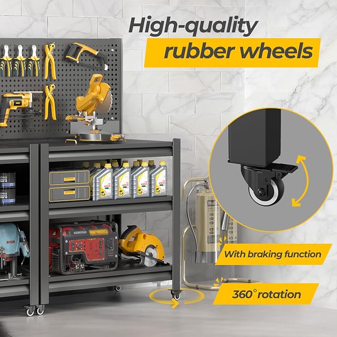 Work Bench with Pegboard,Heavy Duty 3000lbs Capacity Workbench with Wheels Adjustable Shelves,Tool Cart,Work Table for Garage Warehouse47.2 H*33.46" W*18" D