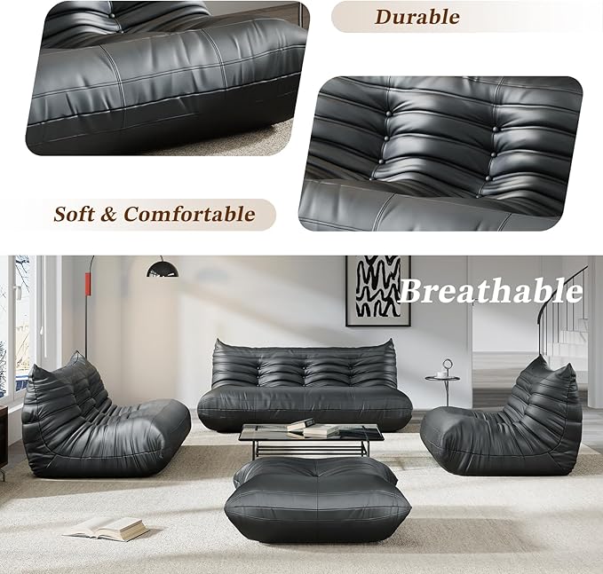 Comfy Lazy Floor Sofa Couch,Soft Armless Chair,Faux Leather Lounge Chair,Corner Relax Sofa Couch for Living Room Bedroom,Salon Office,Adults(Black+2 Seat)
