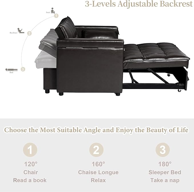 ORRD Convertible Sofa Bed, 3-in-1 Multi-Functional Faux Leather Sleeper Couch Pull-Out Bed, 48'' Loveseat Bed Chaise Lounge with Adjustable Backrest and Hidden Side Table for Living Room, Small Space
