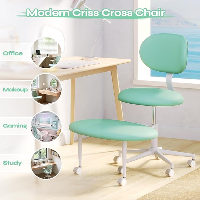 Pinmoco Ergonomic Cross Legged Office Chair with Wheels, ADHD Chair for Adults, Meditation Chair, Yoga Office Chair, Comfortable Back Support, Height Adjustable,Small Spaces, PU Leather, Green
