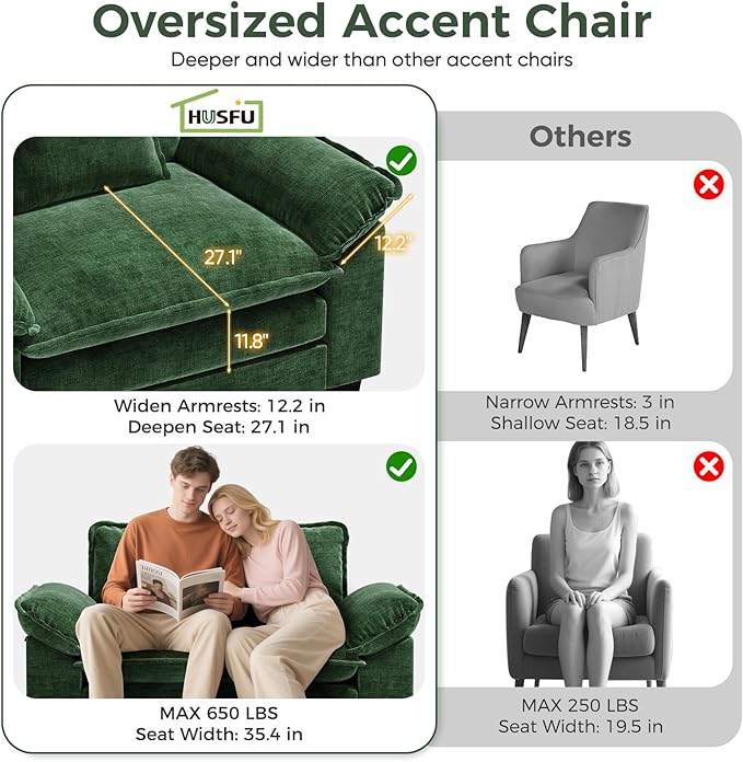 HUSFU 49.5'' W Oversized Accent Chair, Chenille Cloud Sofa Chair with Deep Seat and Extra Wide Armrests, Comfy Reading Armchair for Bedroom, Living Room, Green