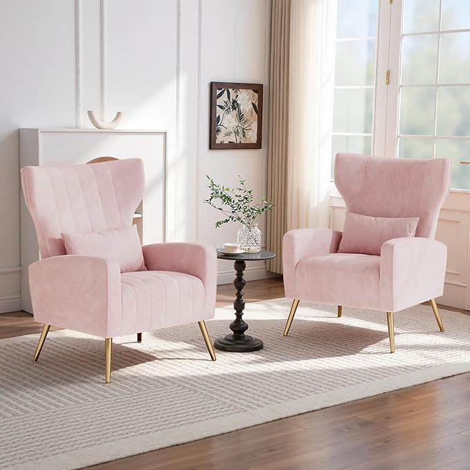 Nalupatio Modern Accent Chairs for Set of 4 Upholstered Velvet Fabric Reading Chair Mid Century Arm Chair Comfy Armchair for Living Room,Pink
