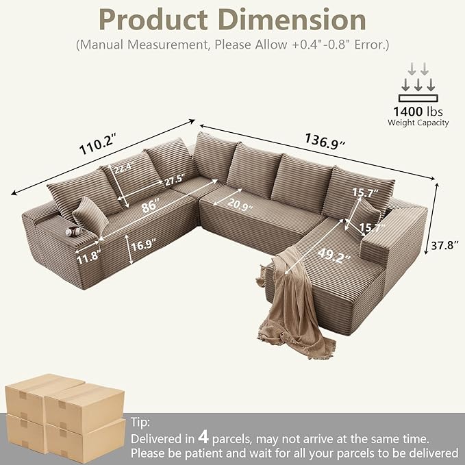 Sectional Cloud Couch with L-Shape Chaise, Modern Modular Comfy Sofa with Deep Seat, Upholstered Corduroy Couches Stupendous U Shaped Sofas for Living Room Bedroom, No Assembly Required, Camel