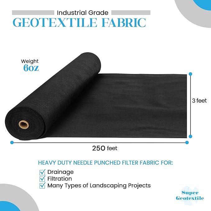 Super Geotextile 4, 6, 8 oz Non Woven Fabric for Landscaping, French Drains, Underlayment, Erosion Control, Construction Projects - 6 oz (3X250)