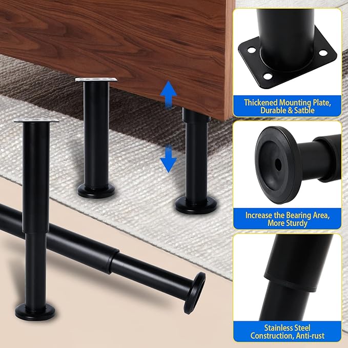 Olldag 4 Pcs Adjustable Height Bed Support Furniture Legs [with Screws] for Bed Frame,Metal Adjustable 10-17inch for Bed/Sofa/Cabinet/Couch/Dresser/Table -Heavy Bed Replacement Legs (Black)