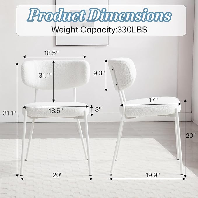 KCC Boucle Dining Chairs Set of 4, Modern Mid-Century Upholstered Stylish Kitchen Chairs Sherpa Accent Diner Chairs with Metal Legs and Curved Back for Kitchen, Dining Room(White)