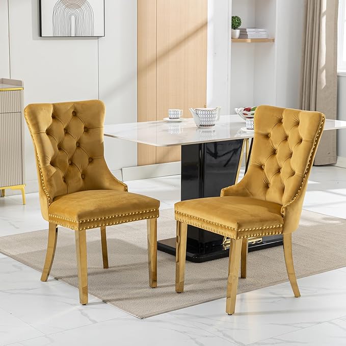 YeahFurn Mid Century Modern Dining Chairs Set of 2, Yellow Velvet Upholstered Tufted Back, Kitchen & Dining Room Chairs, Gold Metal Legs, Nailhead Trim, Sillas para Comedor (Yellow, 2 Pcs)