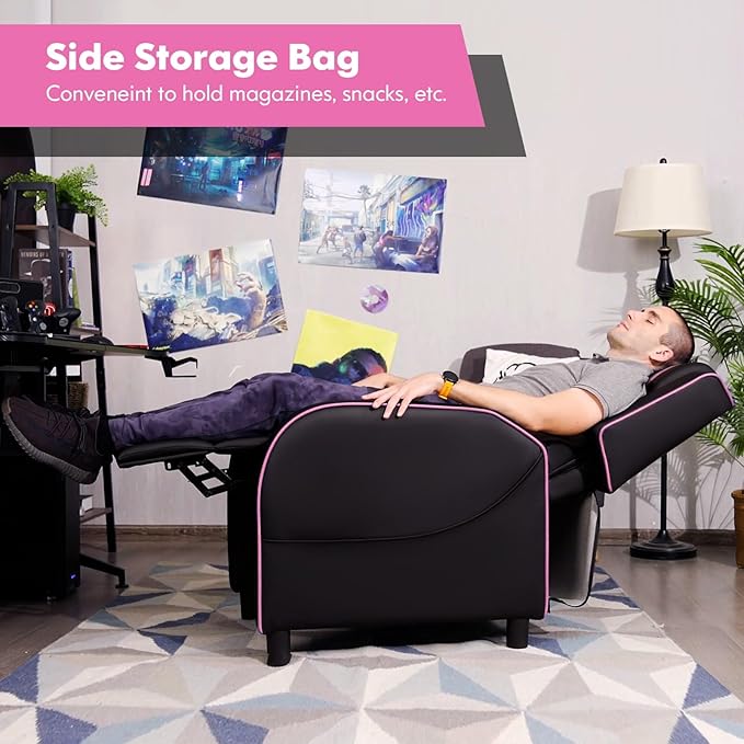 GYMAX Gaming Recliner, Massage Gaming Chair w/Adjustable Footrest, Remote Control & Side Pocket, Ergonomic Game Lounge Chair, Racing Style Single Theater Seat Game Sofa for Adults (Pink)