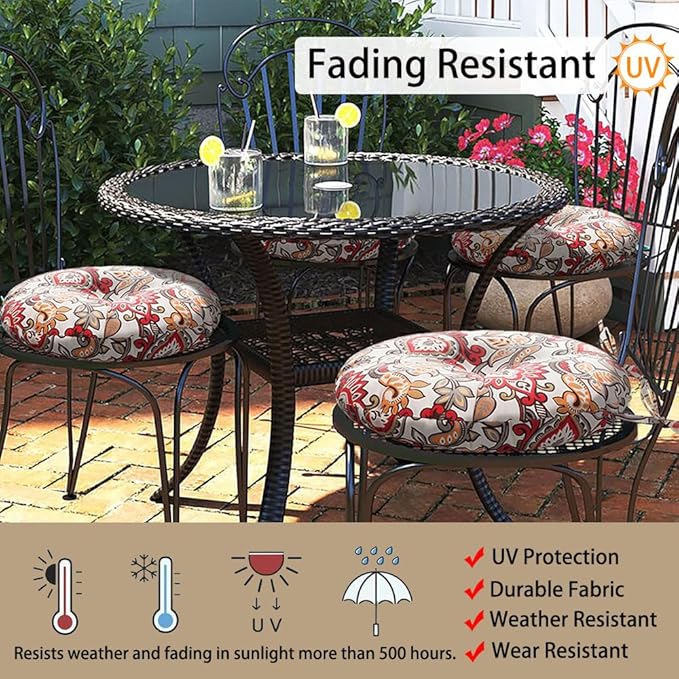Magpie Fabrics Outdoor Round Bistro Seat Cushions with Ties, 15"x15"x4" Set of 2, Tufted Waterproof Barstool Chair Pads for Patio Home Garden Office, Floral Red Orange