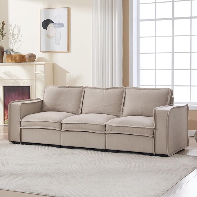HEAY-YO 93 Inches Modern Modular Sectional Sofa,3-Seater Comfy Couch with High Density Foam and Armrests,Floor Sofa for Living Room Bedroom Apartment,Linen Sand