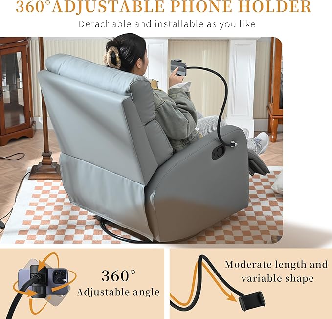 QKFF Swivel Rocker Recliner Chair for Nursery, Upholstered 360° Leather-air Glider Rocking Chair with Phone Holder, Manual Small Recliners for Small Spaces Living Room