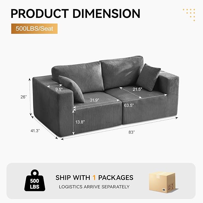 83'' Boneless Loveseat Sofa, Comfy Deep Seat Sectional Cloud Couch, No Assembly Corduroy Love Seat for Living Room, Grey