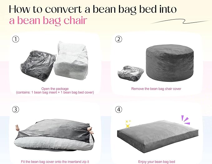 Hobestluk Giant Bean Bag Chair Bed for Adults, Large Bean Bags with High-Density Foam Filling, Convertible Big Sofa Bed Couch for Living Room, Bedroom, Playroom (Grey, Queen)