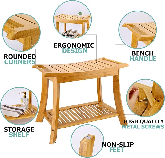 VVW Bamboo Shower Bench & Stool with Storage Shelf, Bath Benches for Inside Shower, Bathroom Stools 2-Tier Spa Seat for Adults Elderly (Beige)