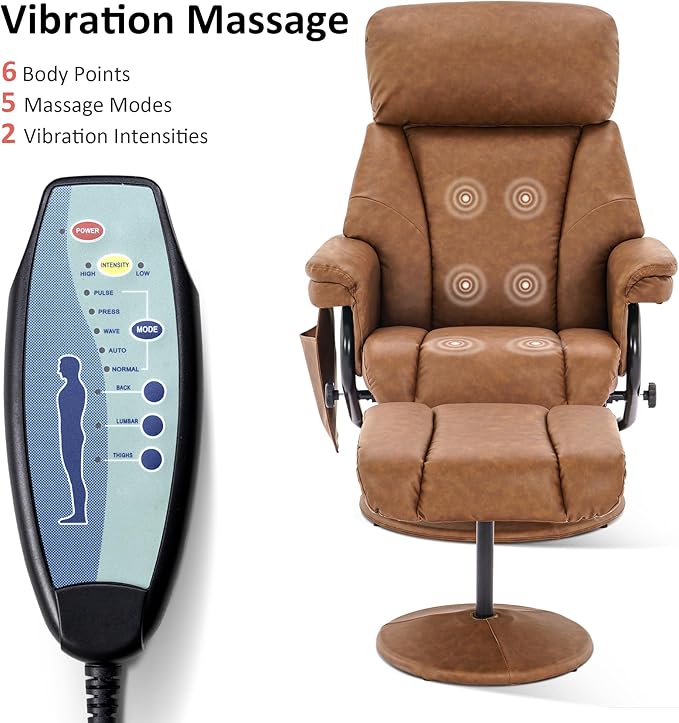 MCombo Swivel Recliner with Ottoman, TV Chair with Vibration Massage, Ideal for RV Small Space, Living Room & Bedroom 4539 4828 (Faux Leather, Saddle)