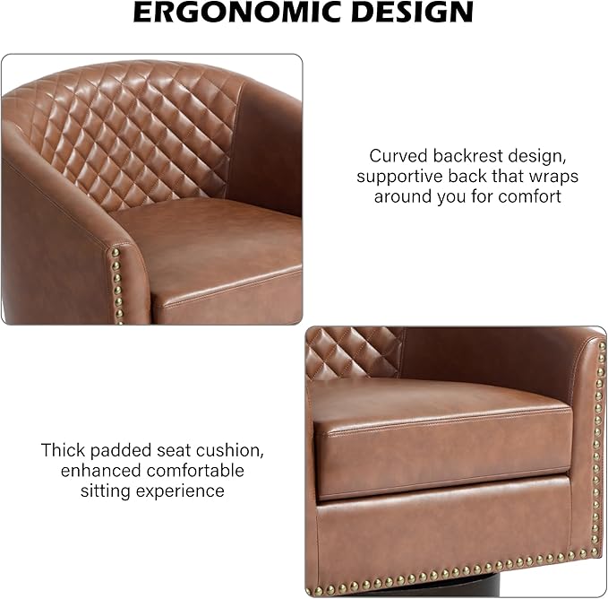 DREAMSIDEA Swivel Barrel Accent Chair, Comfy Modern Upholstered Round Faux Leather Arm Chair for Living Room, Bedroom（Brown, Set of 1