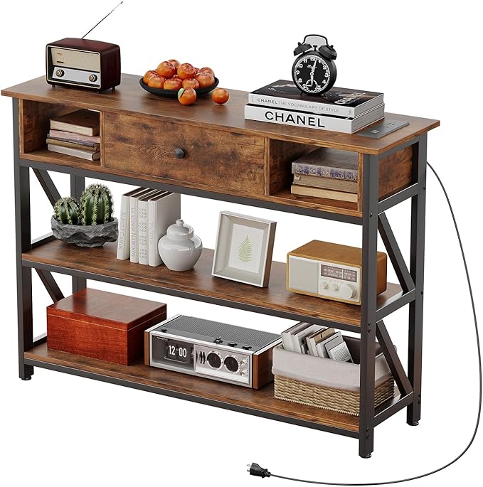 Mexin Console Table with Outlets and USB Ports, Entryway Table with Drawer Storage Shelves, Industrial Wood Hallway Sofa Table for Living Room, Couch, Foyer, Kitchen Counter, 39 Inch, Vintage Brown