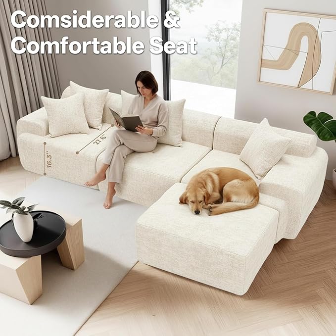 119’’ Modular Compression Sofa, L-Shaped Cloud Sectional Couch with Chaise & Deep Seating, Modern Upholstered Living Room Couch with Removable Pillows, Easy Expand Design, Beige Chenille Fabric