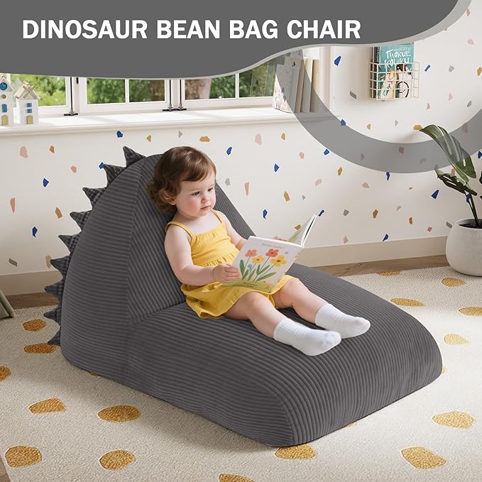 COMAX Bean Bag Chairs for Kids, Dinosaur Kid Beanbag Chair with Filler, Toddler Lounge Bean Chair Corduroy, Lazy Floor Lounger for Girls and Boys Stuffed, Grey