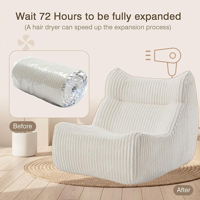 Big Bean Bag Chairs, Lazy Floor Sofa, Fireside Chair for Living Room, Bedroom, Office (White, Single Seat)
