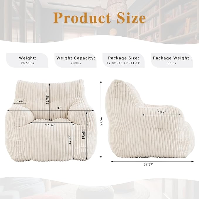 GDFStudio 37" Bean Bag Chair Oversize Bean Bag Lazy Floor Sofa with Back Support Comfy Corduroy Memory Foam Chair with Armrest for Living Room Bedroom, Beige