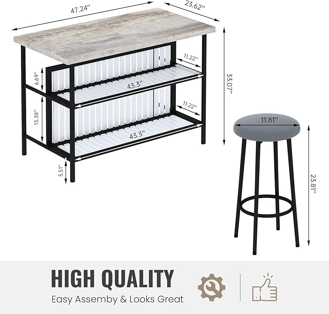 Lamerge 3 Piece Bar Table and Chairs Set, Industrial Bar Table Set with Storage Shelves,Marble Counter Height Island with 2 Bar Stools,Modern Pub Island for Kitchen,Grey