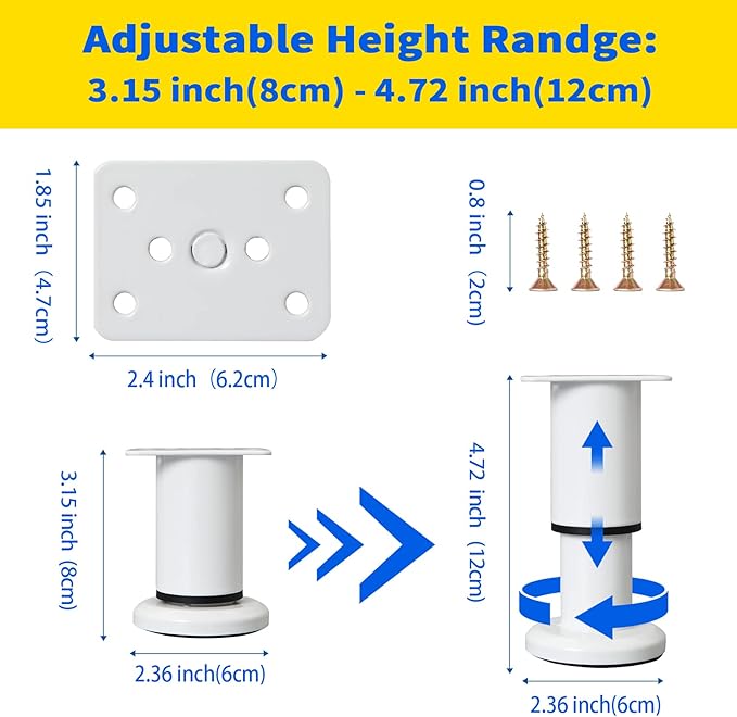 Olldag 4 Pcs Adjustable Height Furniture Support Legs [with Screws] 3.15-4.72 inch, Metal Heavy Duty Furniture Replacement Legs for Chair/Bed/Sofa/Cabinet/Couch/Dresser/Bed/Table (White)