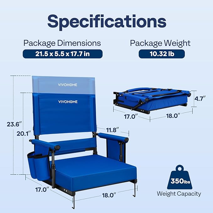 VIVOHOME Height Adjustable High Back Stadium Seat with Back Support and Cushion, Portable Bleacher Chair with Cup Holder and Shoulder Strap, Blue