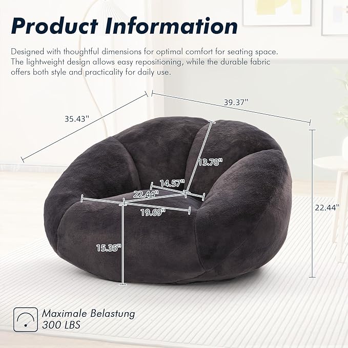 3.28 Feet Bean Bag Chair for Adults, Shell-Shaped Bean Bag Lazy Couch, Faux Fur Cloud Sofa Chair, Lounge Floor Sofa with Filler for Reading, Gaming & Watching, No Assembly Required (Black)
