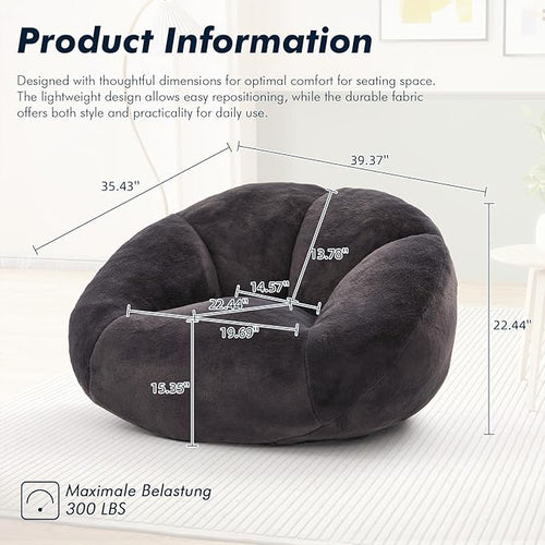 3.28 Feet Bean Bag Chair for Adults, Shell-Shaped Bean Bag Lazy Couch, Faux Fur Cloud Sofa Chair, Lounge Floor Sofa with Filler for Reading, Gaming & Watching, No Assembly Required (Black)
