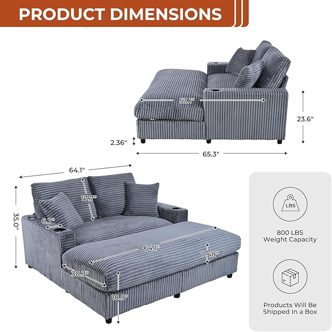 65" Oversized Chaise Lounge Chair Indoor, Upholstered Sofa Bed with Pillows & 2 Cup Holders, Sleeper Couch Comfy Corduroy Recliner Chair for Living Room, Movie Room, Bedroom, Gray