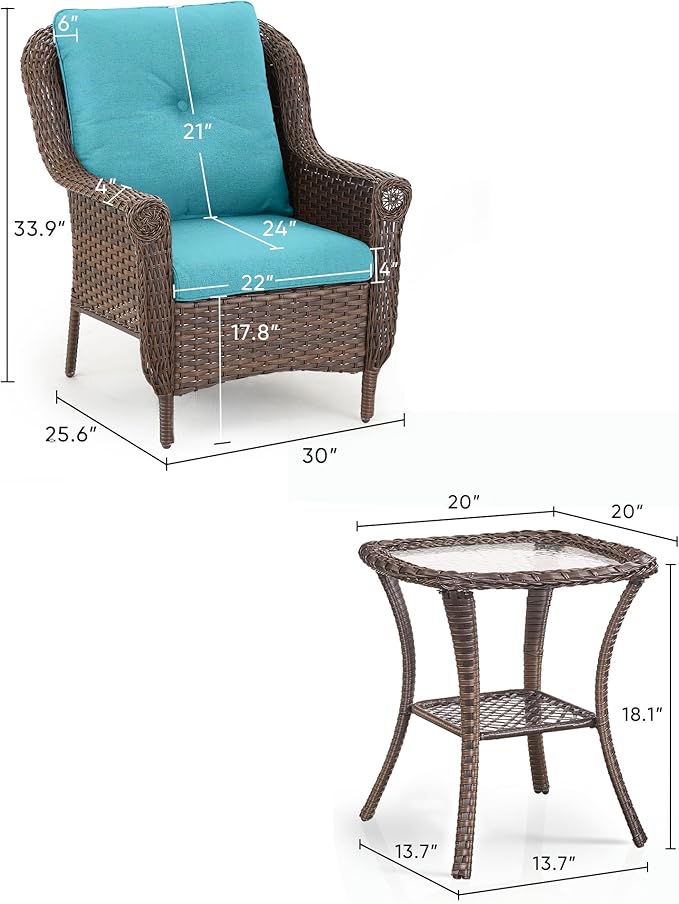 ACTREST 3 Piece Patio Brown Wicker Chairs with Side Table - Outdoor High Back Heavy Duty All-Weather Lawn Dining Rattan Chair Conversation Bistro Set for Deck Porch Balcony Backyard Garden - Turquoise